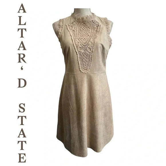 Altar’d State Beige suede Midi dress with embroidered style front size M. NWT - Picture 1 of 9
